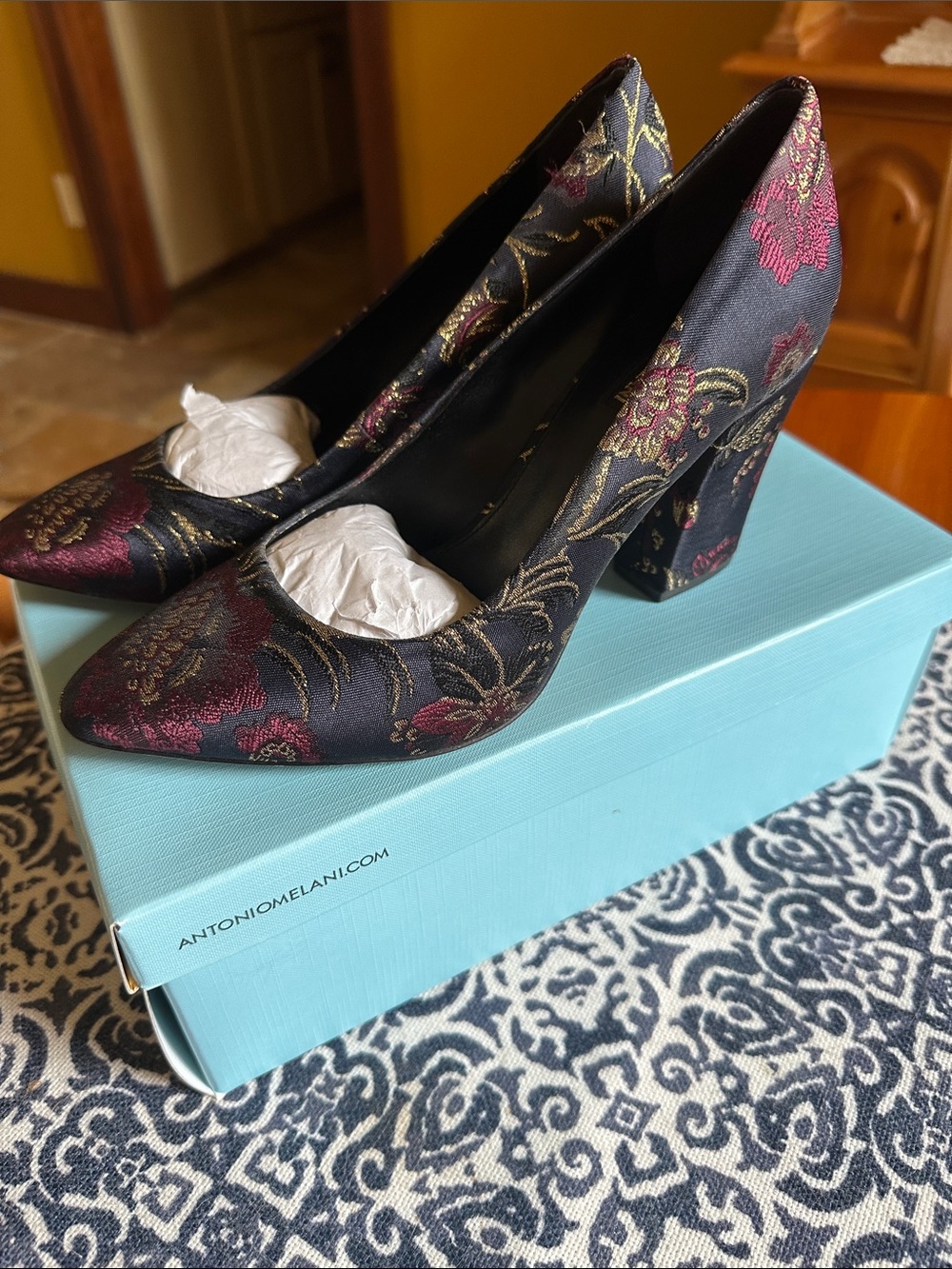 Antonio Melani Navy Floral Jacquard Block Heel Pumps